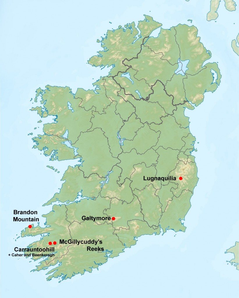 map of Ireland, with 3000ft peaks