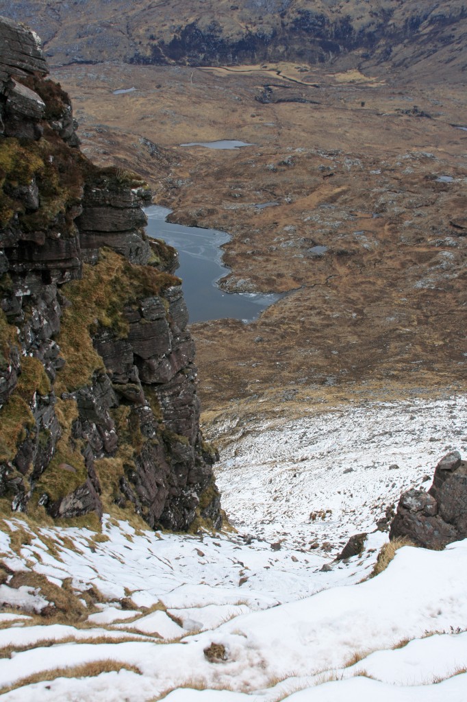 the snow-filled gully on the north side - best ascent route in summer!