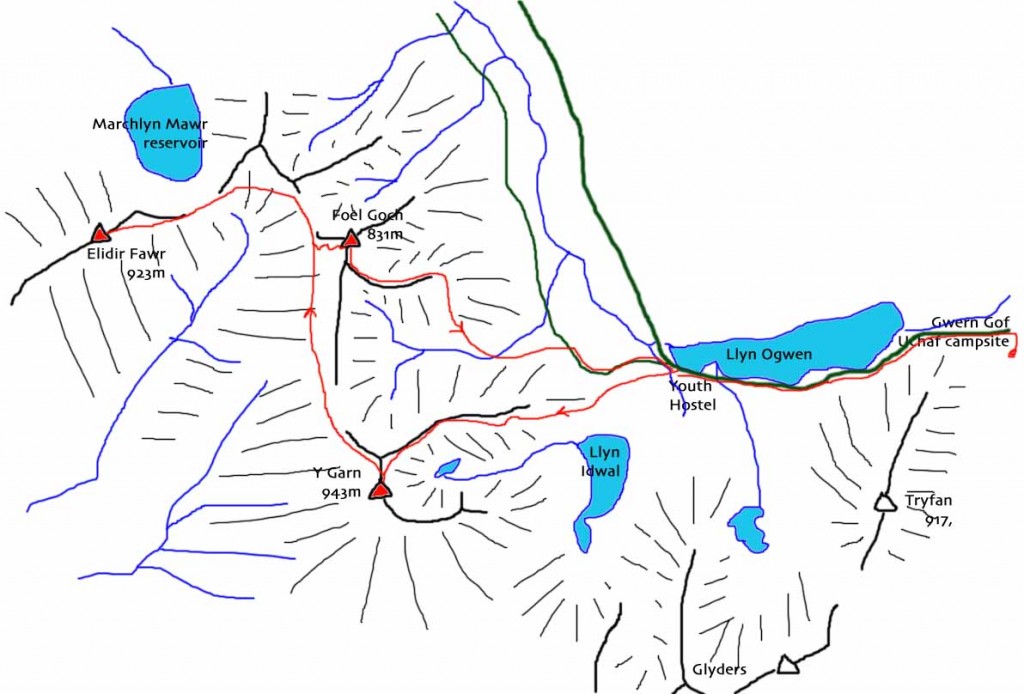 map of route on Y Garn and Elidir Fawr